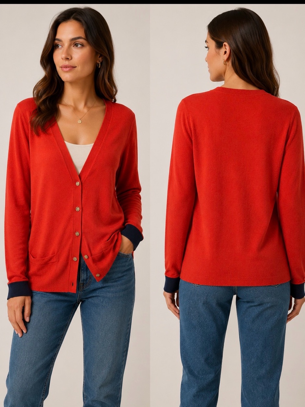 Banana Republic Red V-Neck Button Cardigan with Navy Trim
